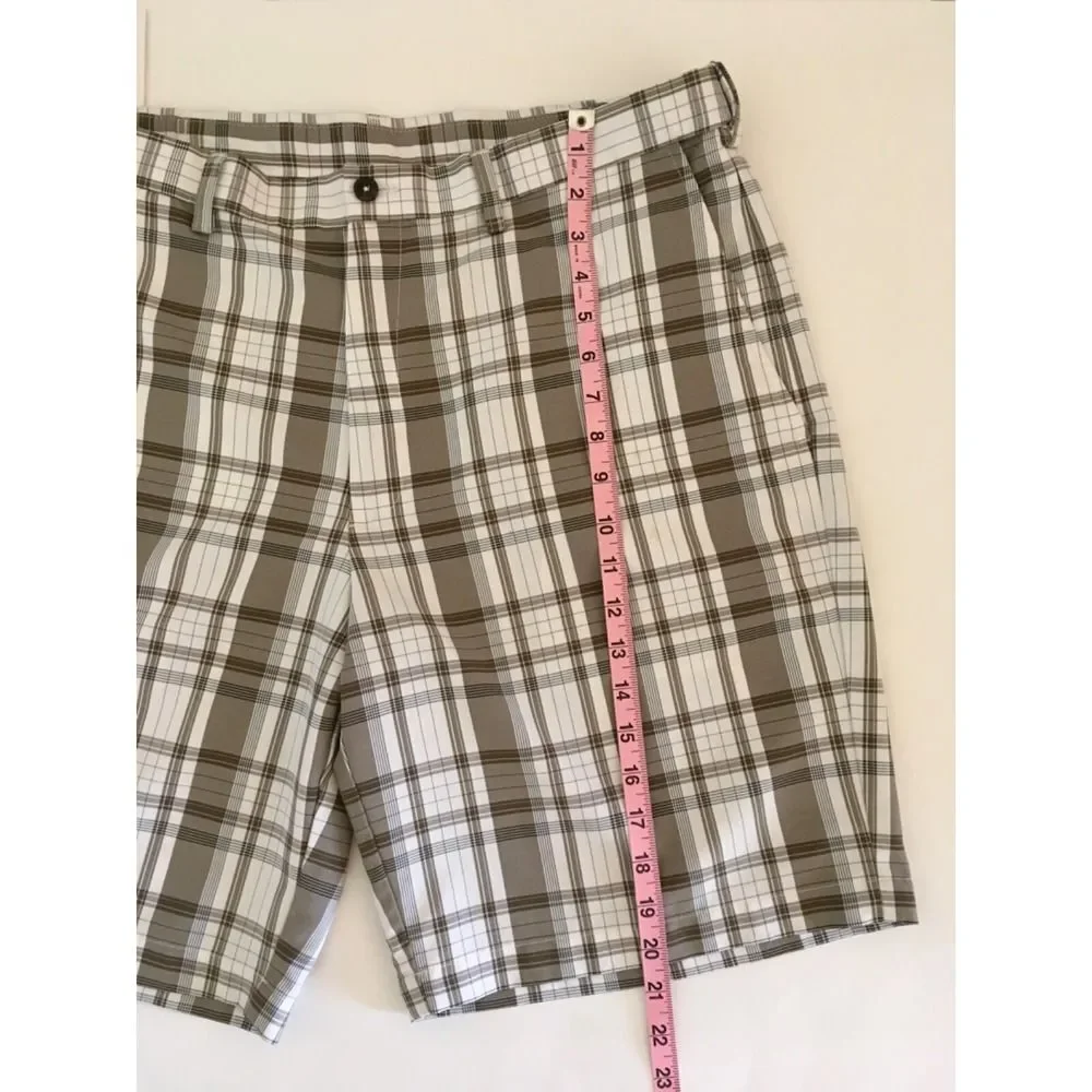 Haggar Golf Performance Shorts Mens 36 Brown White Plaid Expandable Waist